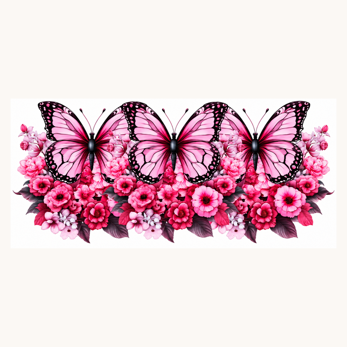 3 Pink Butterflies With Flowers