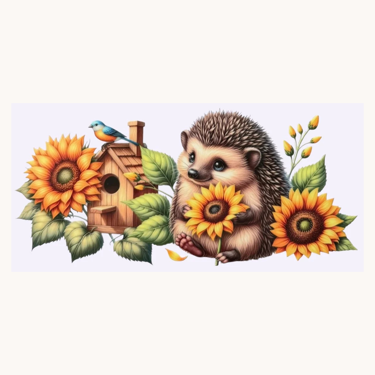 Hedgehog & Birdhouse with Sunflowers