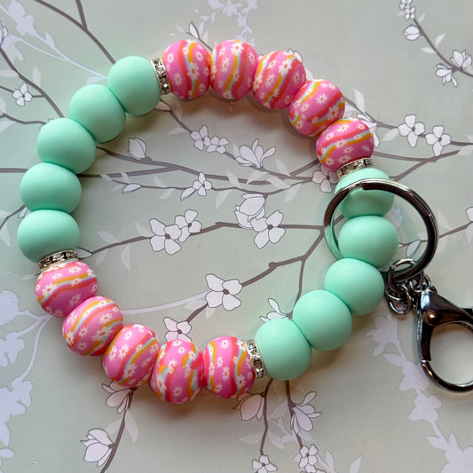 Mint & Pink Daisy Wristlet Keychain
