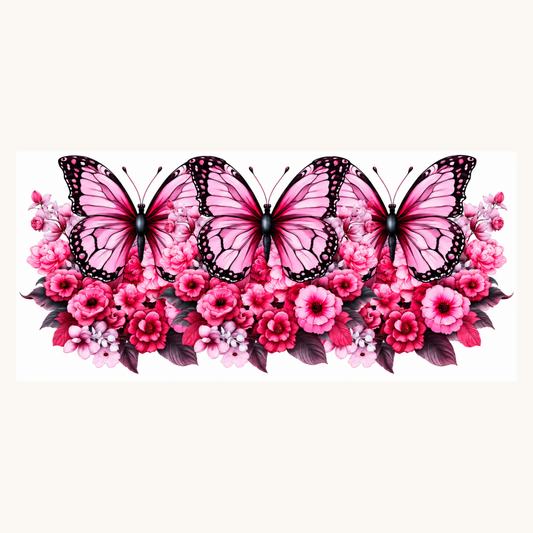 3 Pink Butterflies With Flowers