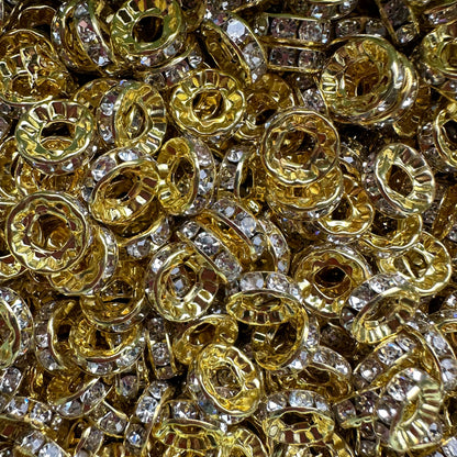 Gold 10mm Wide Hole Rhinestone Spacers 50pcs