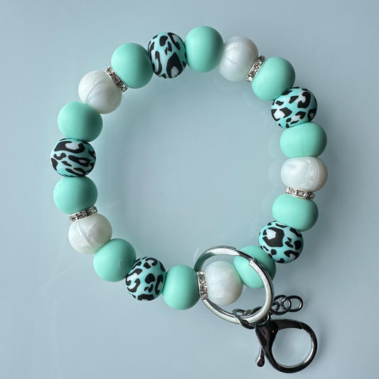 Teal Leopard White Pearl Wristlet Keychain