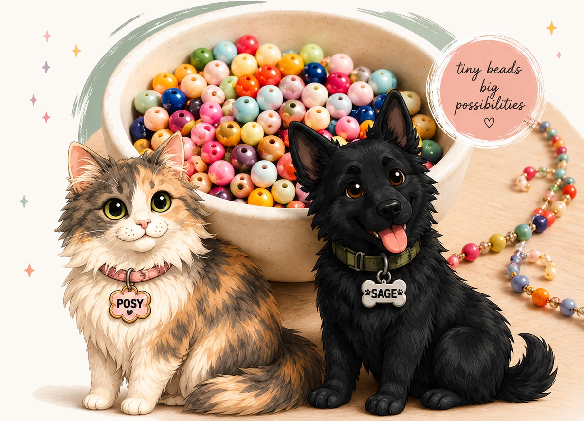 Two adorable pets with a bowl of colorful beads and handmade jewelry pieces, featuring a circular badge reading tiny bea