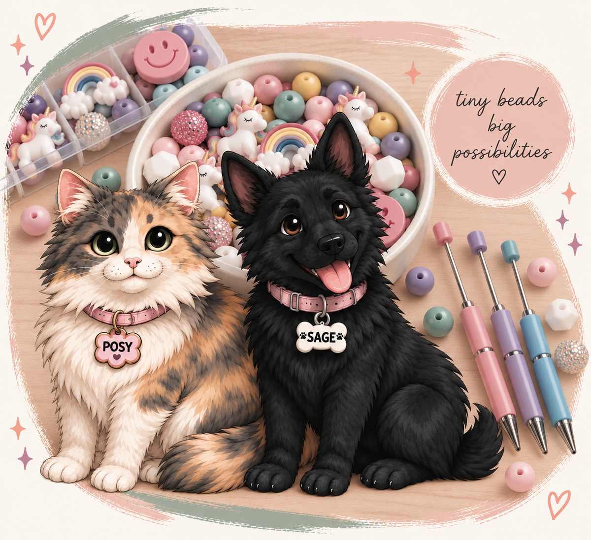 Two adorable pets with a bowl of colorful beads and handmade jewelry pieces, featuring a circular badge reading tiny bea